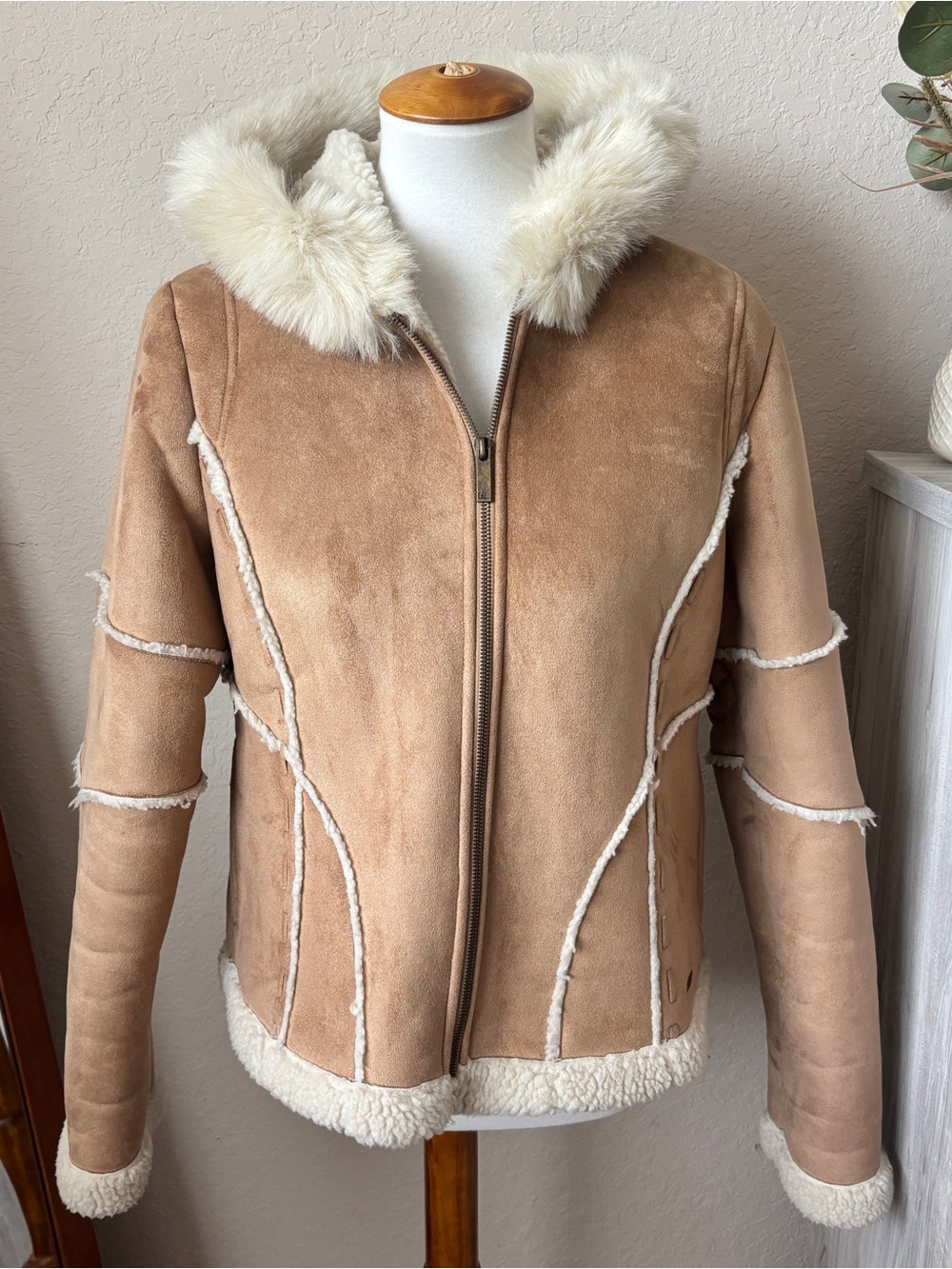 L.e.i. Y2K Faux Suede Shearling Jacket Women’s L Sherpa Brown Tan Penny Lane